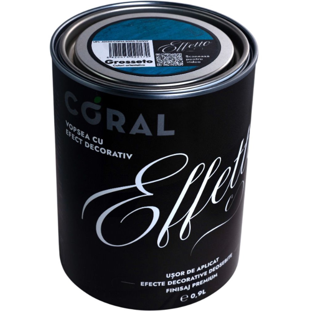 Vopsea decorativa interior Coral Effetto, pe baza de apa, grosseto, 0.9 l