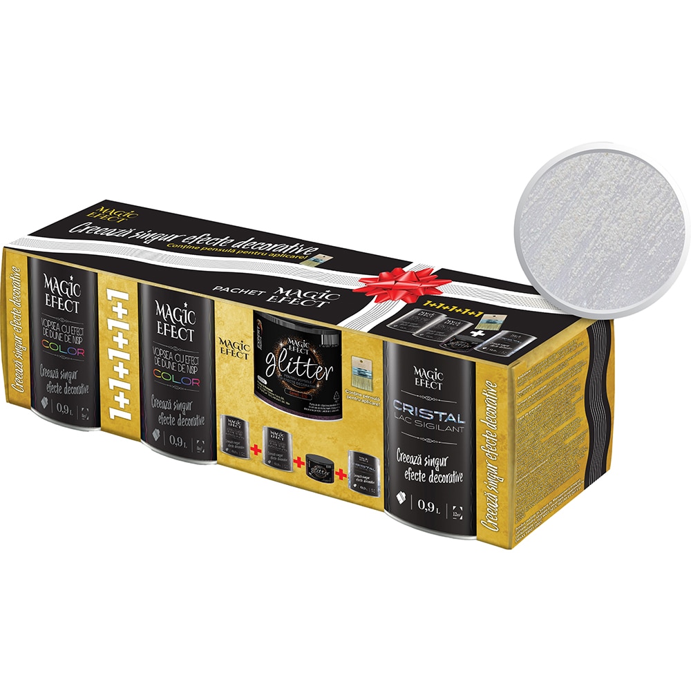Pachet 2 x Vopsea cu efect de dune de nisip, 0.9L plus 1 x Glitter, 150 g plus 1 x Lac sigiliant 0.9L Magic Effect