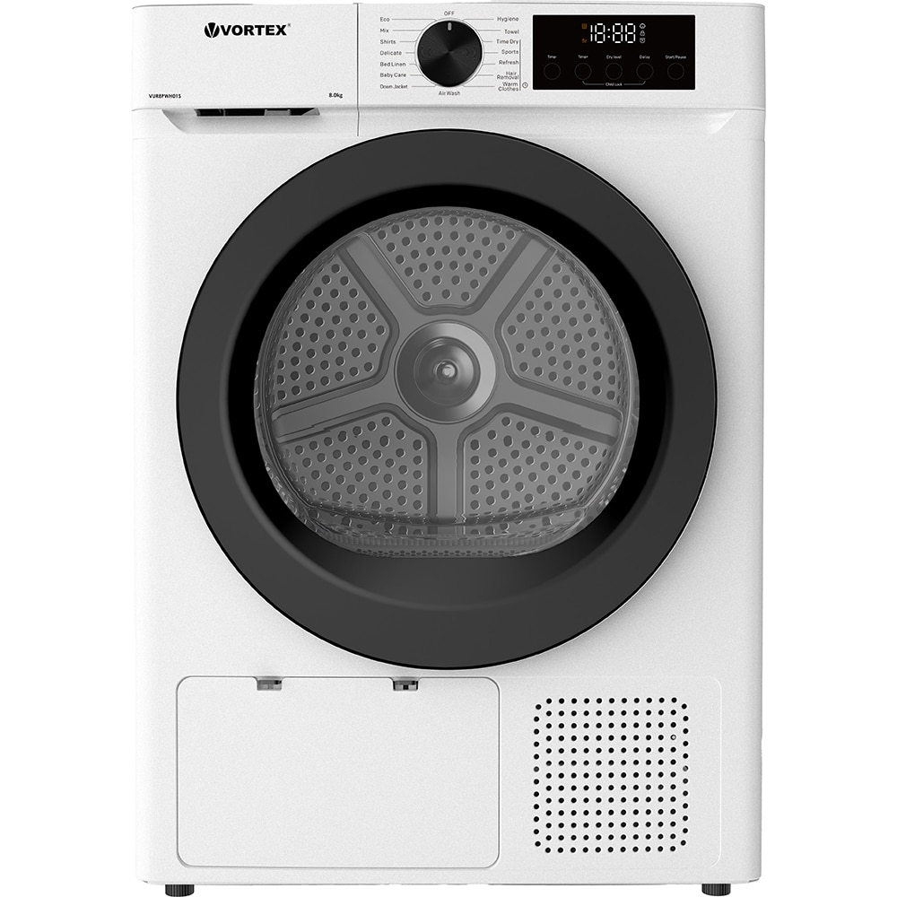 Uscator de rufe VORTEX VUR8PWH01S, Pompa de caldura, 8 kg, 14 programe, Clasa E, alb