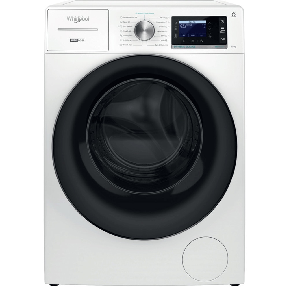 Masina de spalat rufe frontala WHIRLPOOL W8 09AD SILENCE EE, Steam, 6th Sense, 10 kg, 1400rpm, Clasa A, alb