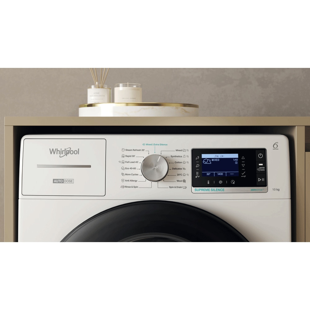 Masina de spalat rufe frontala WHIRLPOOL W8 09AD SILENCE EE, Steam, 6th Sense, 10 kg, 1400rpm, Clasa A, alb