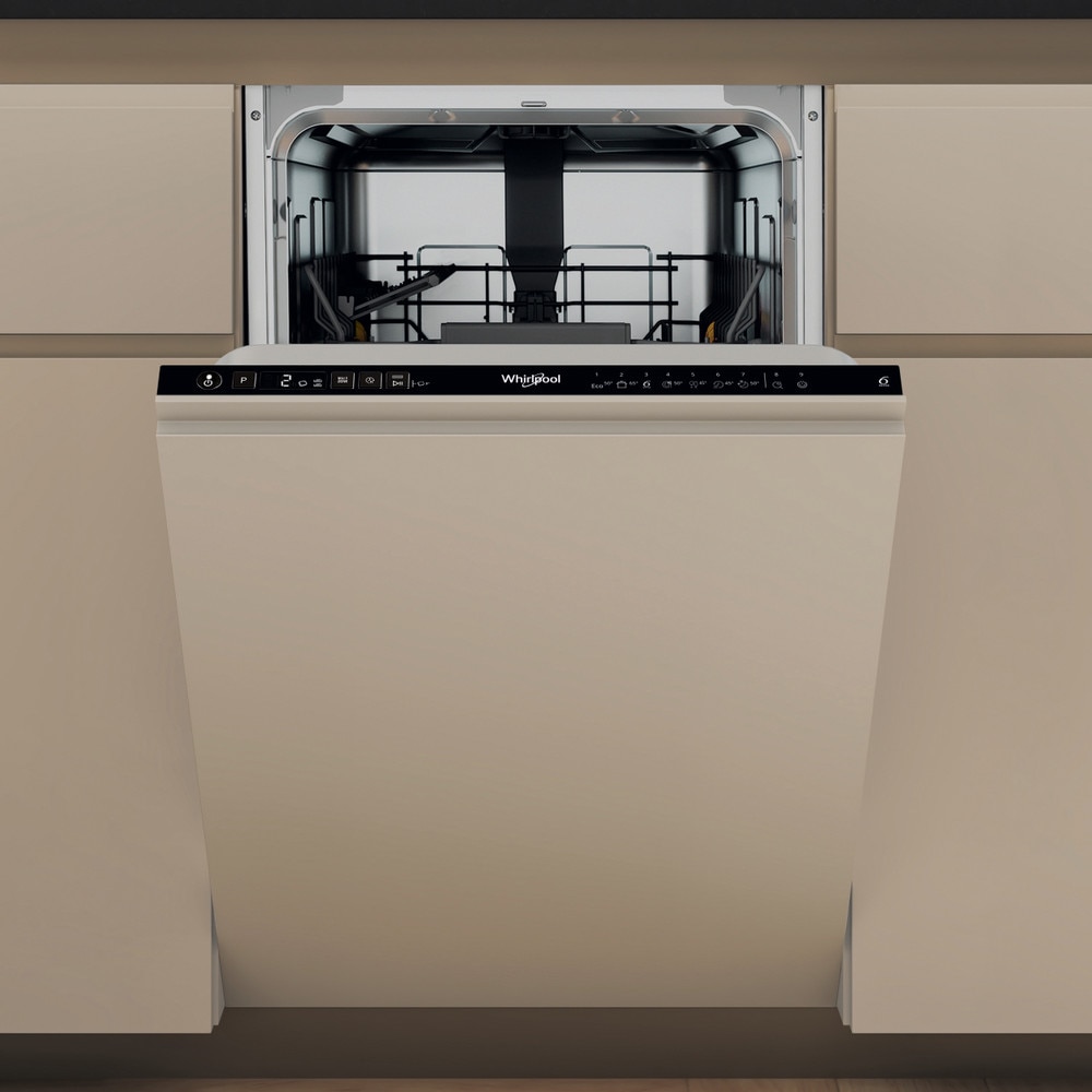 Masina de spalat vase incorporabila WHIRLPOOL WH2IC10BS7LA0, 6th Sense, 10 seturi, 9 programe, 45 cm, Clasa C, panou comanda negru