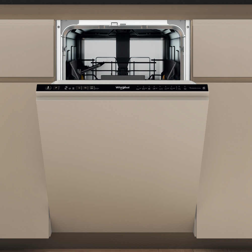 Masina de spalat vase incorporabila WHIRLPOOL WH3ID10BS7SA0, 6th Sense, 10 seturi, 9 programe, 45 cm, Clasa D, panou comanda negru