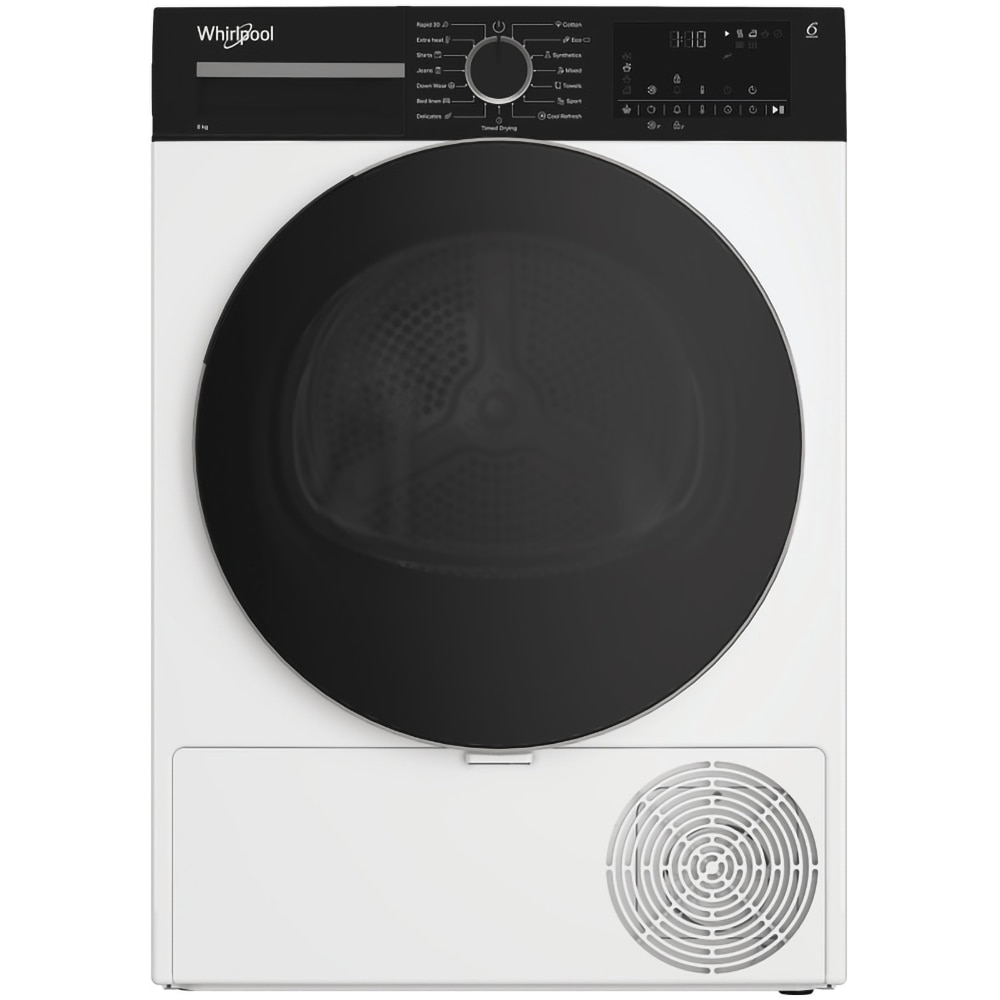 Uscator de rufe WHIRLPOOL WPS D8 WBS EE, 6th Sense, Pompa de caldura, 8 kg, 15 programe, Clasa D, alb