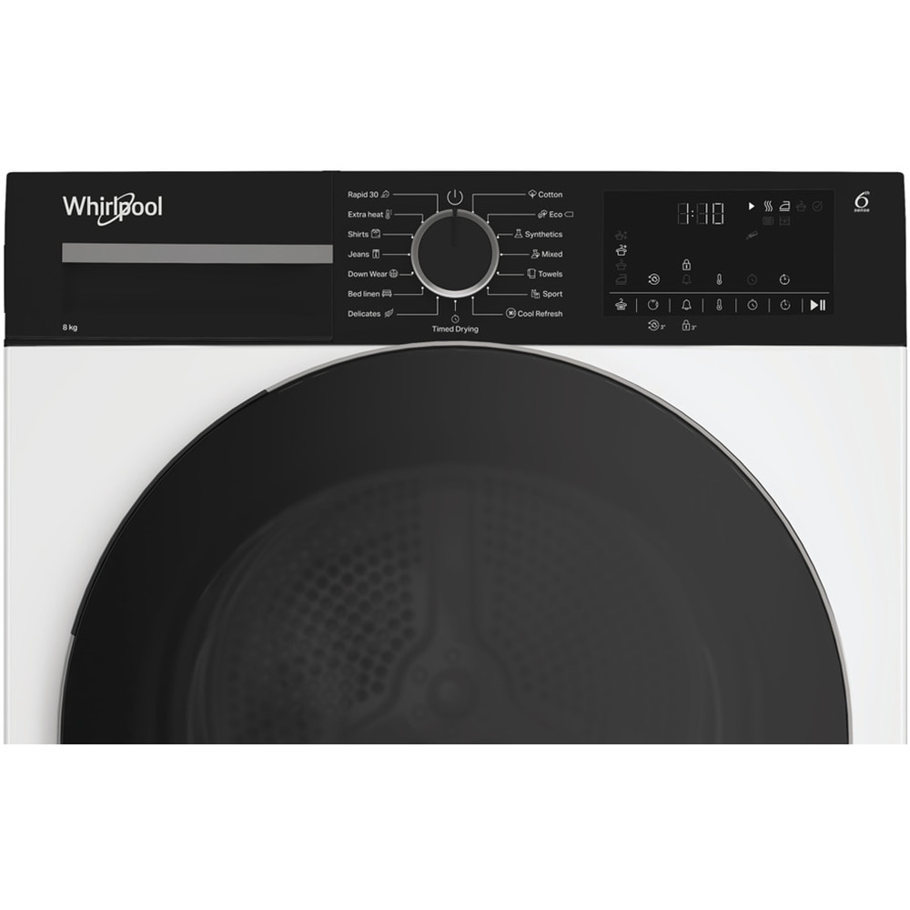 Uscator de rufe WHIRLPOOL WPS D8 WBS EE, 6th Sense, Pompa de caldura, 8 kg, 15 programe, Clasa D, alb