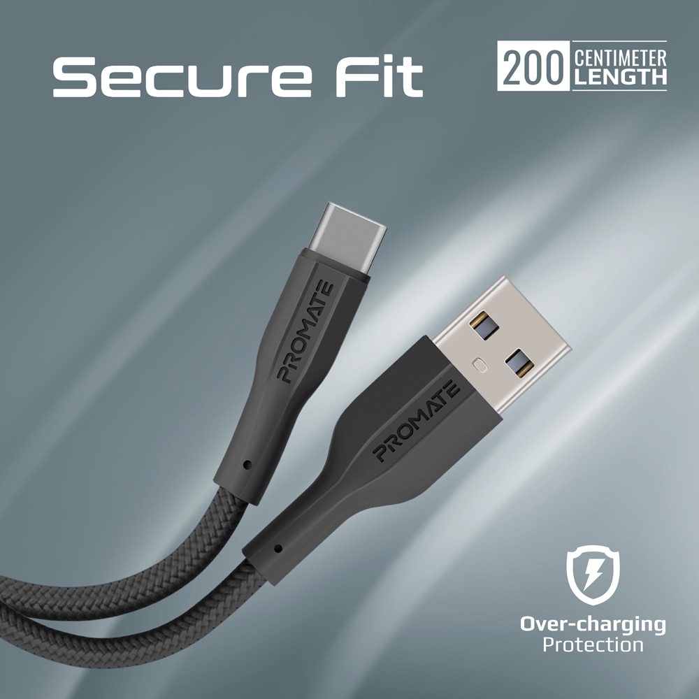 Cablu date PROMATE XCord-AC200, USB-A - USB-C, 2m, negru