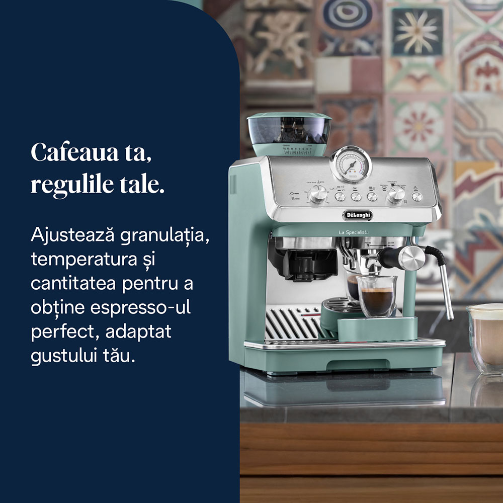 Espressor semi-automat DELONGHI La Specialista Arte EC9155.GR, 1.5l, 1300W, 15 bar, functia Active Temperature Control, verde-argintiu