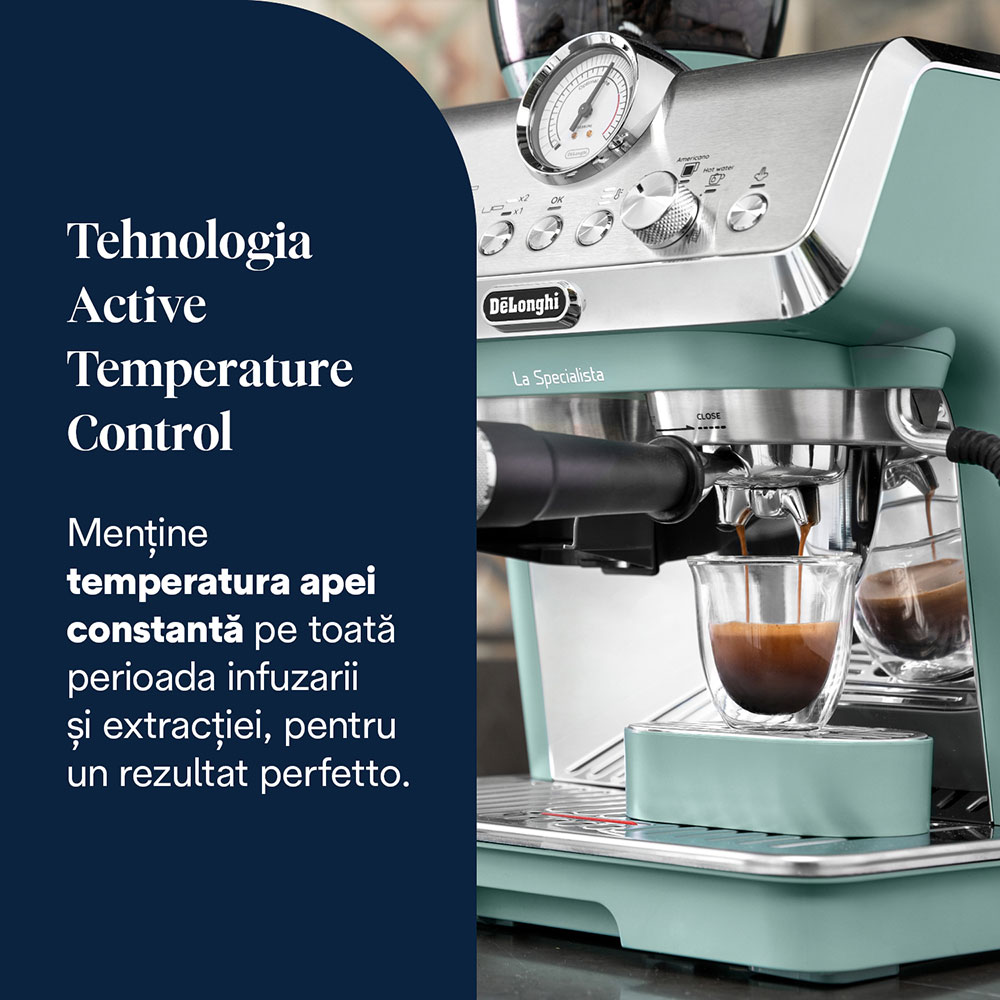 Espressor semi-automat DELONGHI La Specialista Arte EC9155.GR, 1.5l, 1300W, 15 bar, functia Active Temperature Control, verde-argintiu