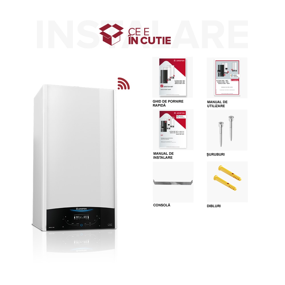 Centrala termica pe gaz in condensare ARISTON Genus One Plus, 24 kW, WiFi, Schimbator de caldura inox, Kit evacuare inclus, 5 ani extragarantie