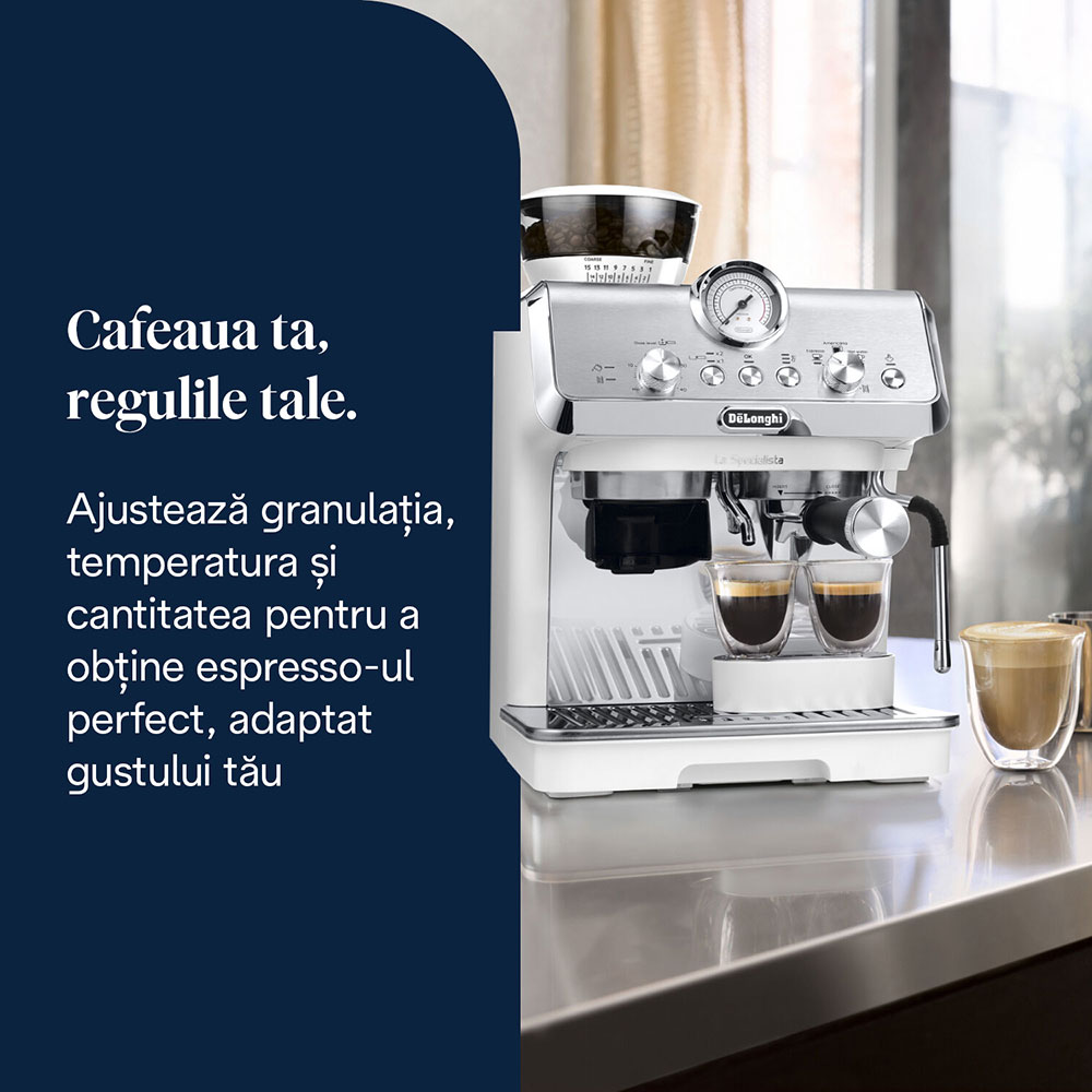 Espressor semi-automat DELONGHI La Specialista Arte EC9155.W, 1.5l, 1300W, 15 bar, functia Active Temperature Control, alb-argintiu