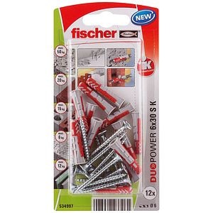 Set de 12 dibluri duopower 6 x 30 cu holsurub cu cap inecat PZ2, total filetat • Fischer