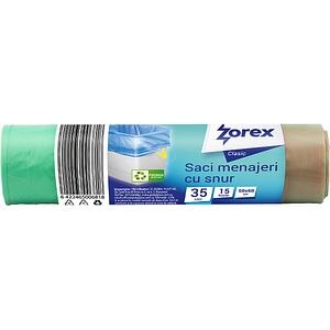 Saci menajeri cu snur ZOREX Clasic, HDPE, 15 bucati, 35 l, verde
