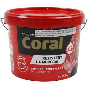 Vopsea super lavabila antimucegai interior Coral A&A, pe baza de apa, alb, 2.5 l