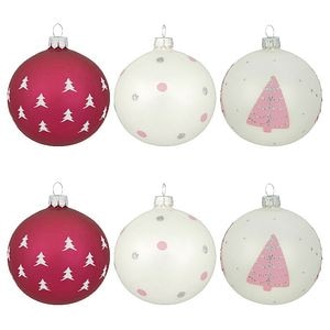 Set globuri Craciun, sticla, 8 cm, rosu-alb, 6 bucati