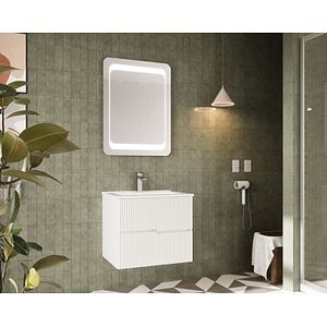 Set mobilier baie, alb, baza MDF, lavoar si oglinda LED, 60 cm Rio