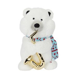 Jucarie Urs Polar cu Saxofon, 26.5 cm, se leagana si canta, pe baterie, plus, alb