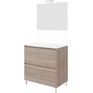 Set mobilier baie Lisabona, cu lavoar si oglinda, baza 86 x 51 x 92 cm, PAL si ceramica, maro
