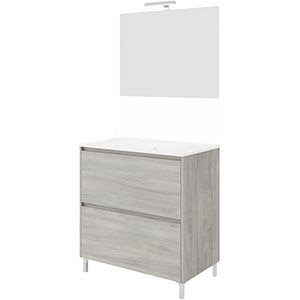 Set mobilier baie Lisabona, cu lavoar si oglinda, baza 86 x 51 x 92 cm, PAL si ceramica, gri