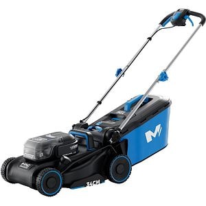 Kit Masina de tuns iarba MAC ALLISTER, 18V, 34 cm, 5 trepte taiere, cos 30 l, negru-albastru