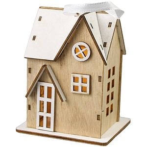 Decoratiune casuta LED, lemn, maro-alb