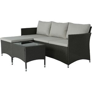 Set canapea modulara si masa pentru terasa DERRY, perne incluse, ratan si sticla, alb/gri