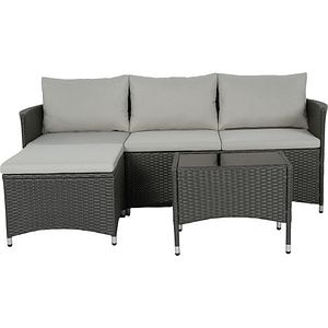 Set canapea modulara si masa pentru terasa DERRY, perne incluse, ratan si sticla, 4 piese, negru-bej