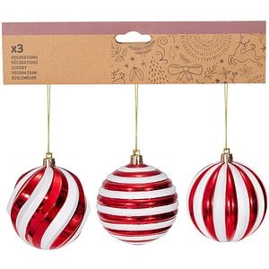Set globuri de Craciun, 3 bucati, 8 cm, rosu-alb