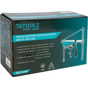 Macara electrica DETOOLZ, 500 kg, 800 W, 4 mm, otel si aluminiu, turcoaz