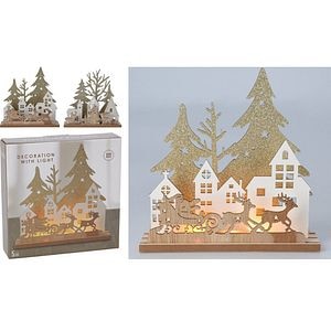 Decoratiune Scena de Craciun 5 LED-uri albe calde, 19.5 x 4.5 x 19.5 cm, lemn, maro