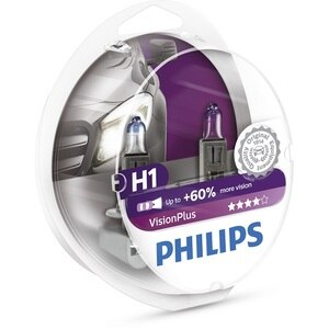 Bec auto far halogen PHILIPS H1 Vision Plus+60%, 12V, 55W, P14.5S, set 2 bucati