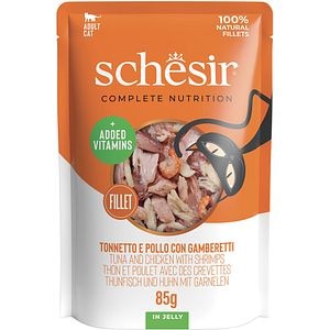 Hrana umeda pentru pisici SCHESIR, Adult, Ton, Pui si Creveti in aspic, 85 g