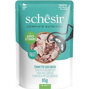 Hrana umeda pentru pisici SCHESIR, Adult, Ton si Dorada in aspic, 85 g