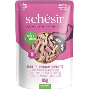 Hrana umeda pentru pisici SCHESIR, Adult, Ton, Pui si Sunca in aspic, 85 g