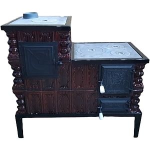 Soba teracota cu plita de gatit Bucura, tip cizma, 8 kW, 104 x 99 x 44 cm. maro inchis