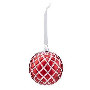 Glob pentru brad Craciun, 8 cm, sticla, rosu cu model alb