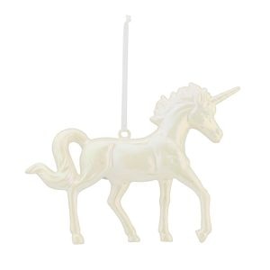Decoratiune Unicorn pentru brad Craciun, plastic, alb cu sclipici iridescent