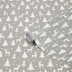 Hartie impachetat cadouri, model cerbi si brazi, gri/alb