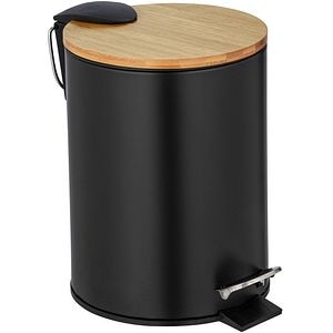 Cos gunoi pentru baie WENKO Tortona, 3 l, rotund, inox/bambus, negru-maro