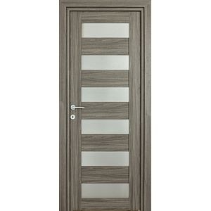 Usa de interior cu geam, gri, reversibila, mdf, 203 x 78 cm, toc inclus • Trame