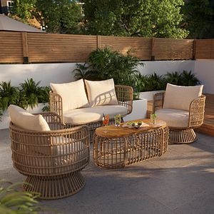 Set mobilier gradina/terasa, crem, 4 persoane, 2 fotolii + 1 canapea + 1 masa  Palm