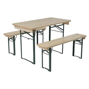 Set mobilier gradina/terasa Mobilaiud, lemn, masa + 2 banci, 3 piese, bej