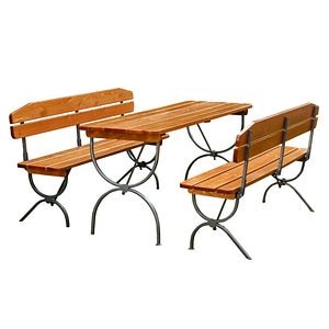Set mobilier gradina/terasa/berarie, culoare maro, lemn, 6 persoane, masa + 2 banci cu spatar • Linz