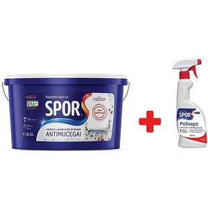 Vopsea lavabila SPOR Antimucegai, 8.5 l + Solutie antimucegai Polisept, 500 ml