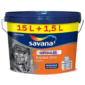 Vopsea interior, lavabila, superalba, 3D, 15 L + 1.5 L • Savana