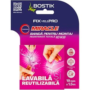 Banda dublu adeziva reutilizabila BOSTIK, 19mm x 1.5m, transparent