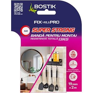 Banda dublu adeziva BOSTIK, 19mm x 2m, alb