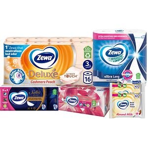 Pachet ZEWA, 6 produse: Hartie Igienica, Role bucatarie, Batiste nazale, Servetele faciale, 2 x Hartie igienica umeda