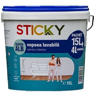 Pachet vopsea lavabila Sticky, interior, super alb, 15 L + amorsa 4 L