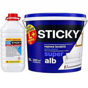 Pachet vopsea lavabila Sticky, interior, super alb, 15 L + amorsa 4 L