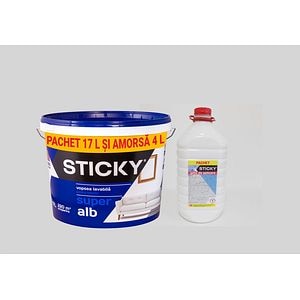 Pachet vopsea lavabila, Sticky, 17 L, super alb + amorsa Sticky, 4 L